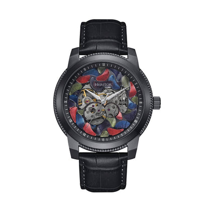 Heritor Emmanuel Men's Automatic Semi-Skeleton Leather Watch, Black/Black