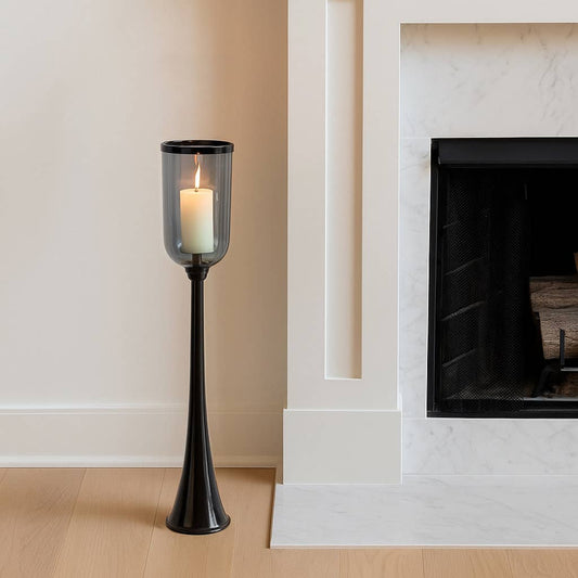 Candle Holder - Black Metal Frame Glass Hurricane, 43 in.