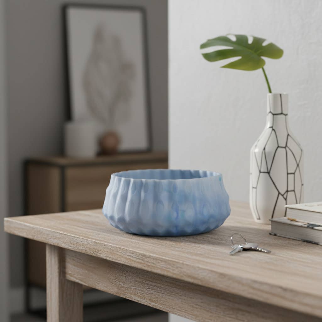 Decorative Bowl - Blue Glass Modern Carved Stylish, 12 in.