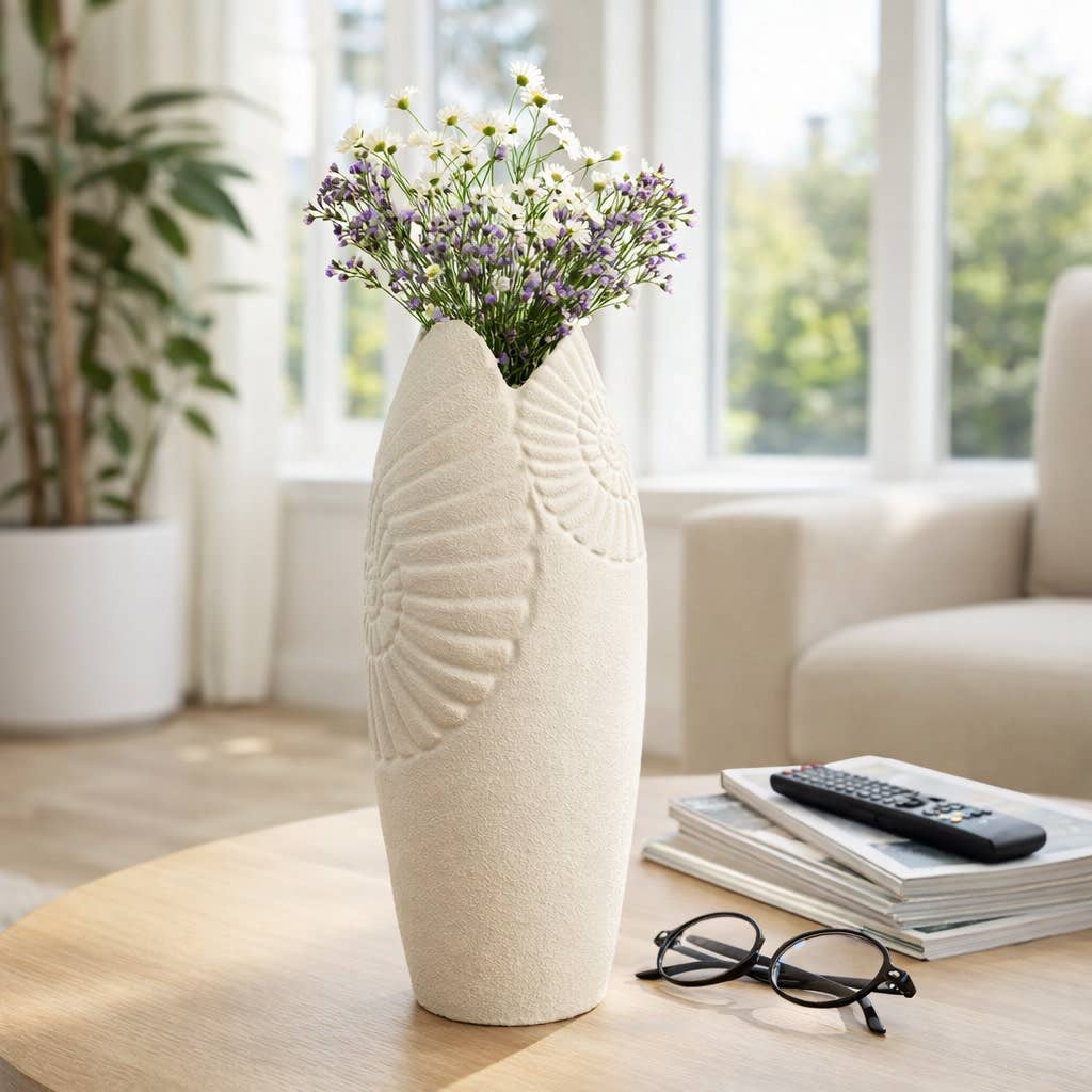 Decorative Vase - Ivory Ceramic Shell Relief, 16 in.