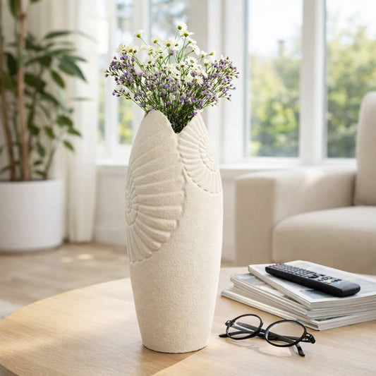 Decorative Vase - Ivory Ceramic Shell Relief, 16 in.