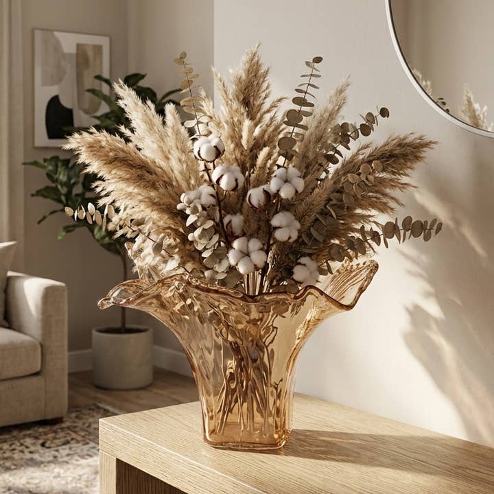 Decorative Vase - Brown Italian Glass Wide Wavy Rim, 12 in.