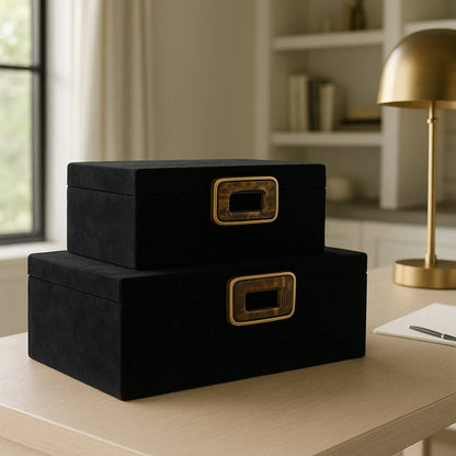 Boxes Set of 2 - Black Wood Tigers Eye Gemstone, 11/14 in