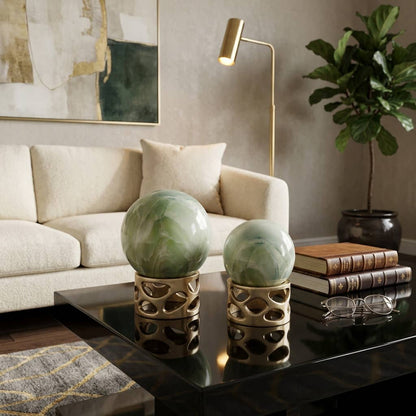 Decorative Object S/3 - Green Marble and Metal Orb, 7/8 in.