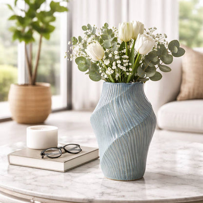 Decorative Vase - Blue Ceramic Sculptural Wavy, 14 in.