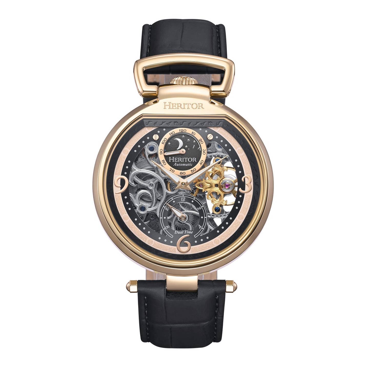 Heritor Lincoln Men's Automatic Semi-Skeleton Leather Watch, Gold/Black