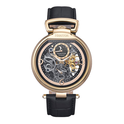 Heritor Lincoln Men's Automatic Semi-Skeleton Leather Watch, Gold/Black