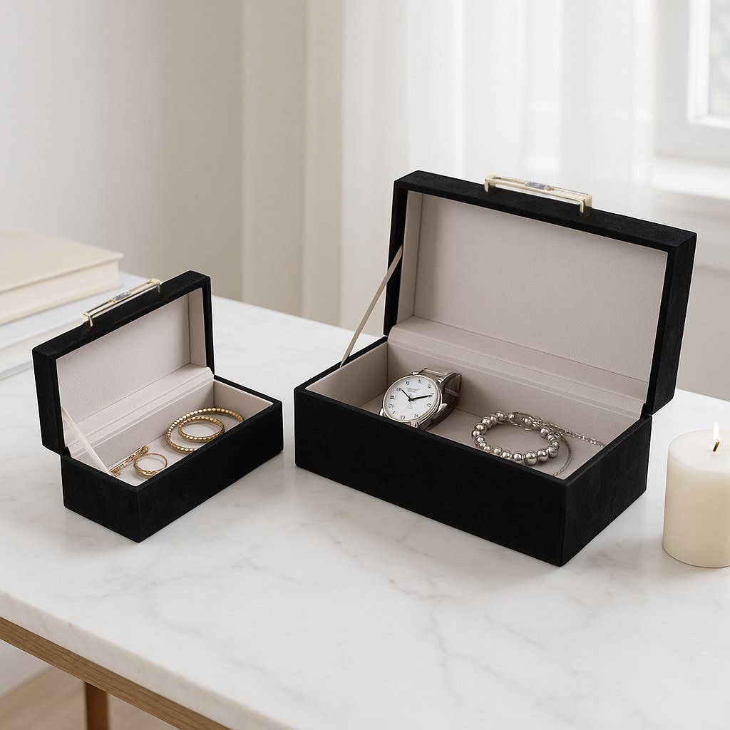 Boxes Set of 2 - Black Suede Wood Lid with Handle, 12/14 in.
