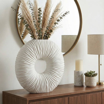 Decorative Vase - White Resin Unique Ribbed Round, 21 in.