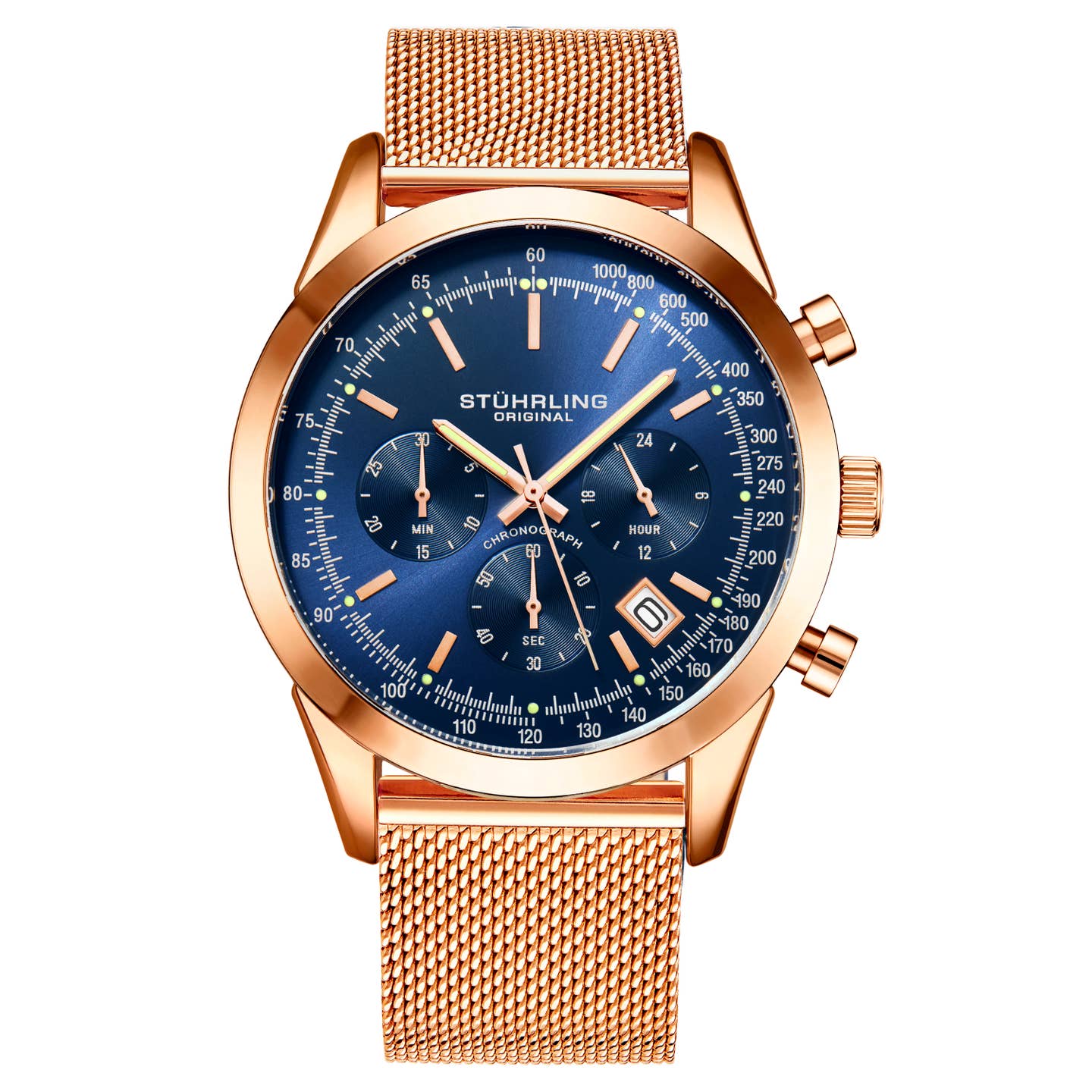 Stuhrling Original Rialto Men's Quartz Chronograph Watch, Blue Dial, Rose Gold-Tone Bracelet