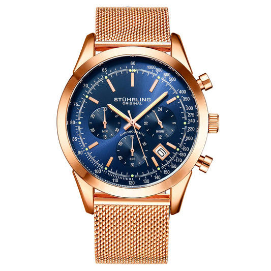 Stuhrling Original Rialto Men's Quartz Chronograph Watch, Blue Dial, Rose Gold-Tone Bracelet