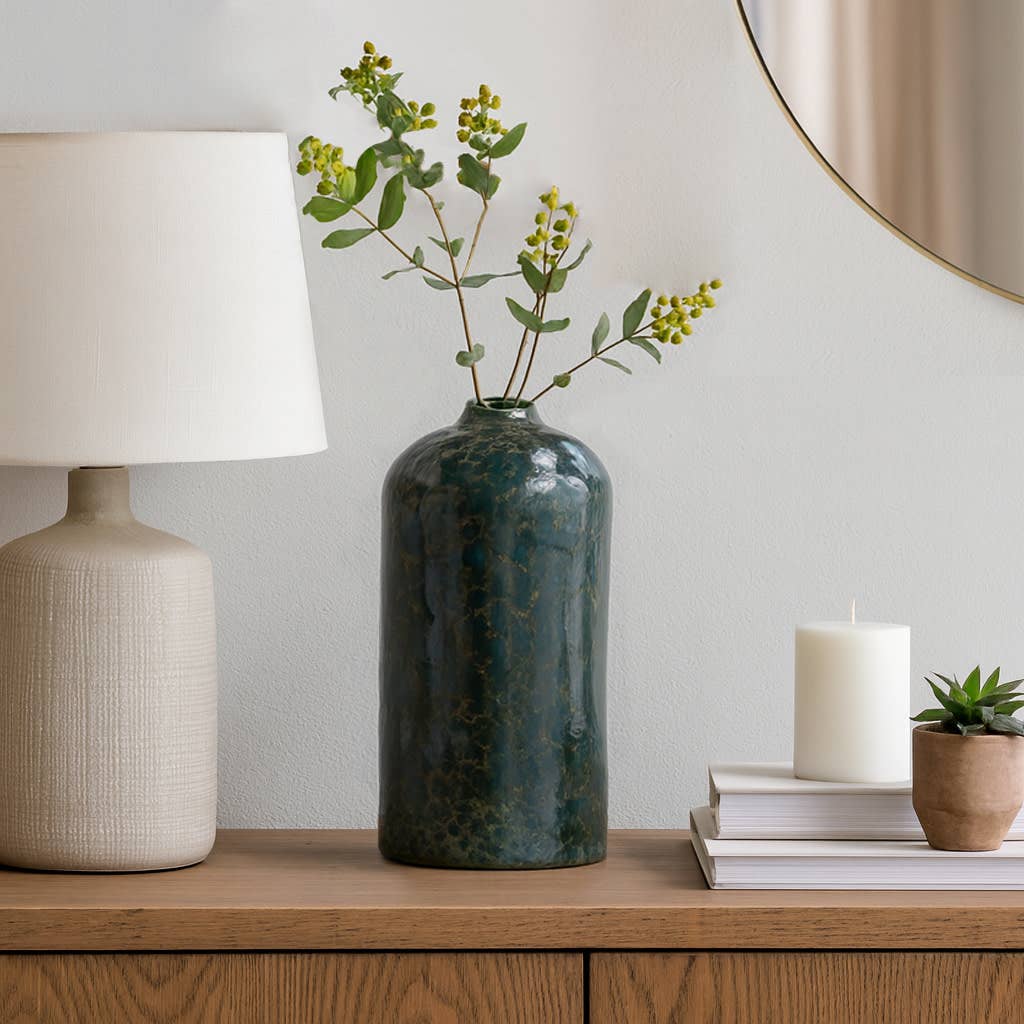 Decorative Vase - Green Ceramic Modern Tall Glazed, 14 in.
