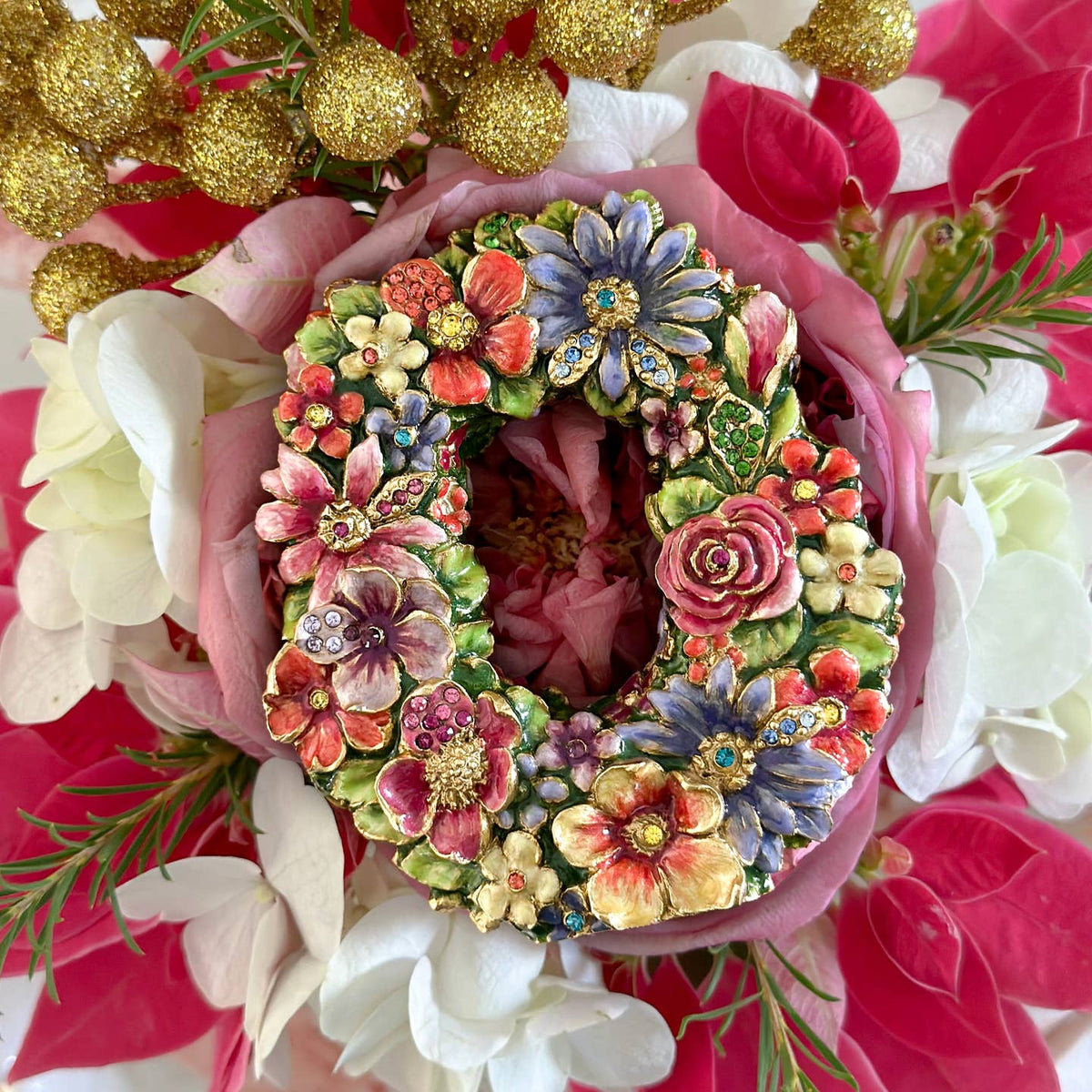 Jay Strongwater Masie Floral Hugs Flower Crystal Enamel Gold-Finished Tabletop Object