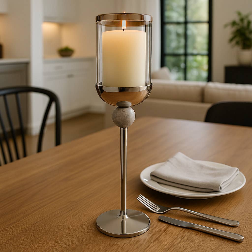 Candle Holder - Silver Metal Small Floor Hurricane, 25 in.