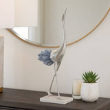 Figurine - Blue/Silver Metal Bird with Marble Base, 14 in.