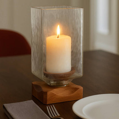 Candle Holder - Brown Wood Glass Pillar Hurricane, 11 in.
