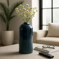 Decorative Vase - Blue Ceramic Gloss Cylinder, 14 in.