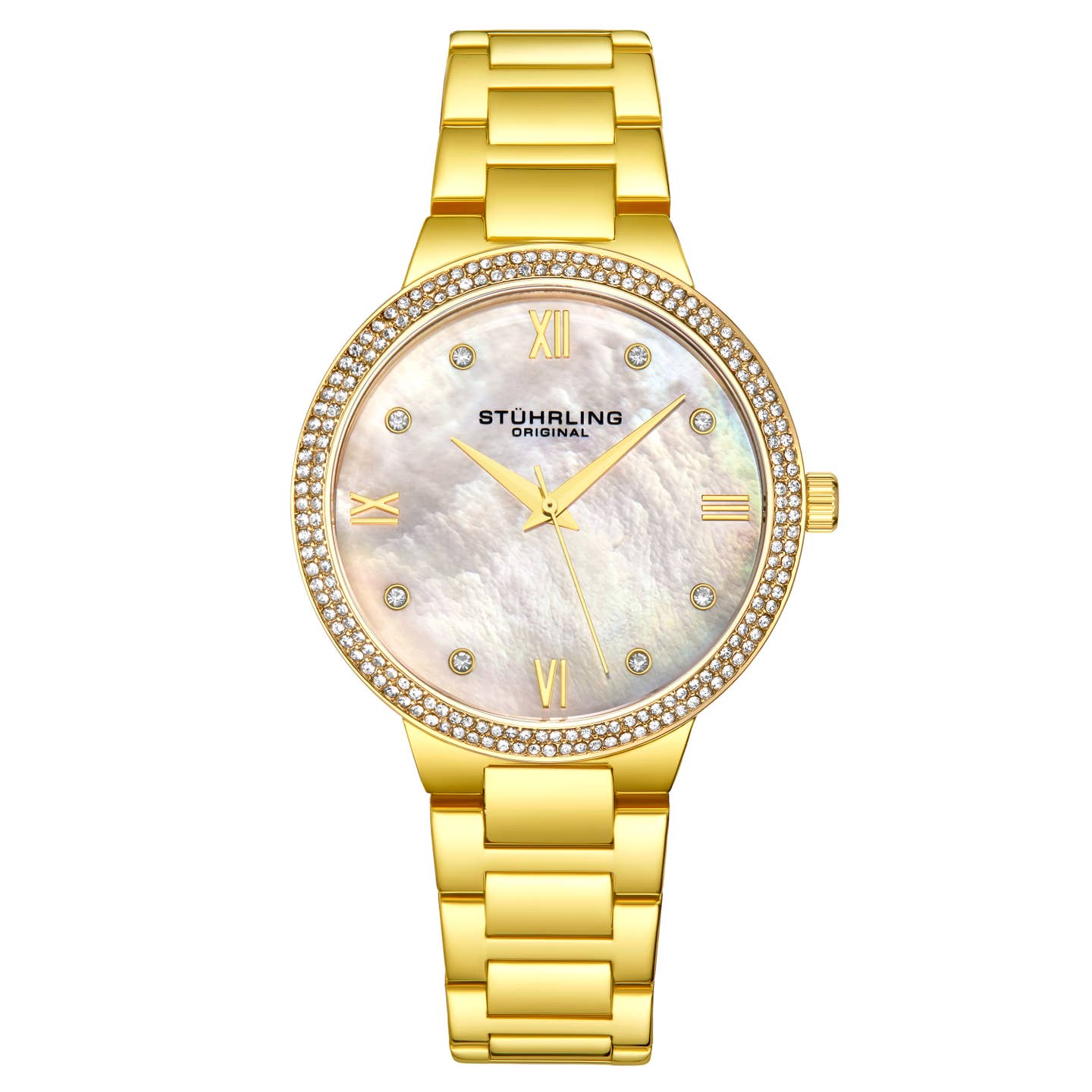 Stuhrling Original Carrara 3907 Women's Quartz Watch, 38mm, Silver Mother-of-Pearl Dial, Gold-Tone Bracelet, Crystal-Accented Bezel