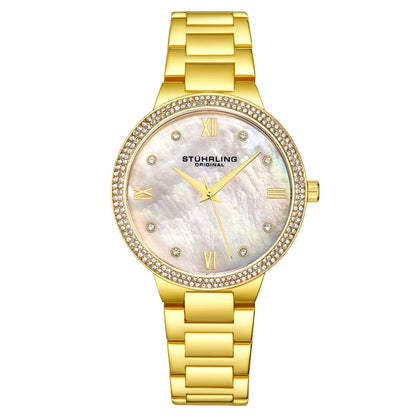 Stuhrling Original Carrara 3907 Women's Quartz Watch, 38mm, Silver Mother-of-Pearl Dial, Gold-Tone Bracelet, Crystal-Accented Bezel