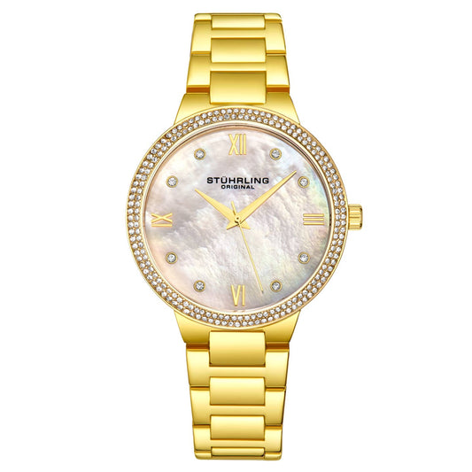 Stuhrling Original Carrara 3907 Women's Quartz Watch, 38mm, Silver Mother-of-Pearl Dial, Gold-Tone Bracelet, Crystal-Accented Bezel