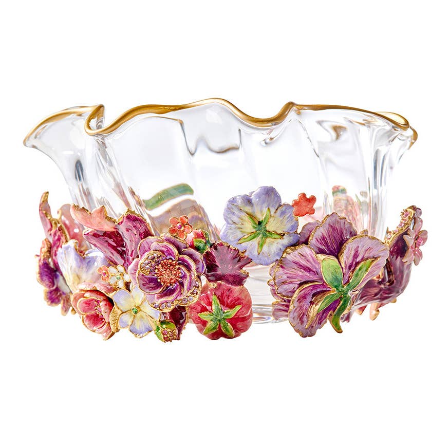 Jay Strongwater Paisley Small Ruffle Flower Swarovski Crystal Enamel Gold-Finished Decorative Bowl