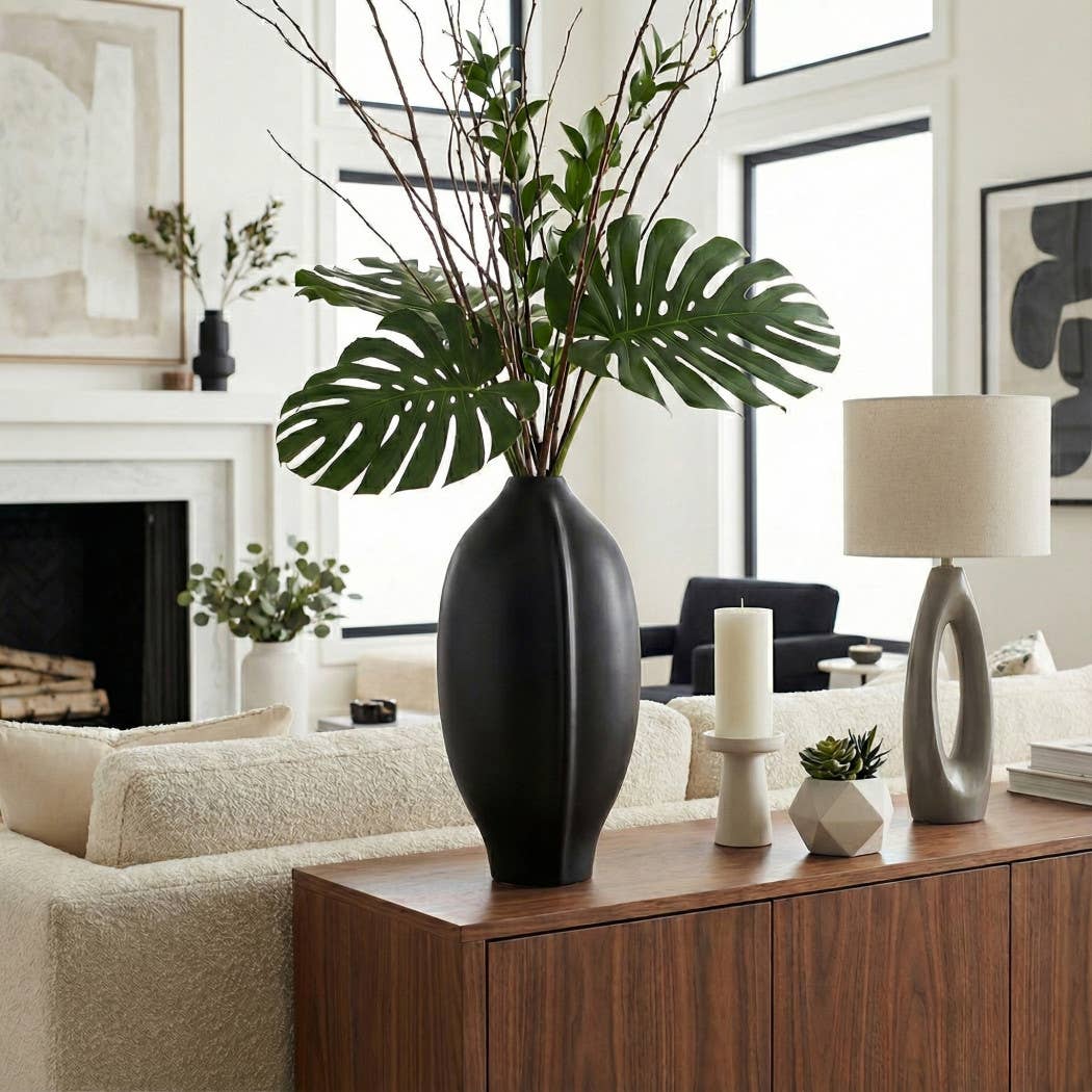 Decorative Vase - Black Ceramic Wavy Textured Design, 18 in.