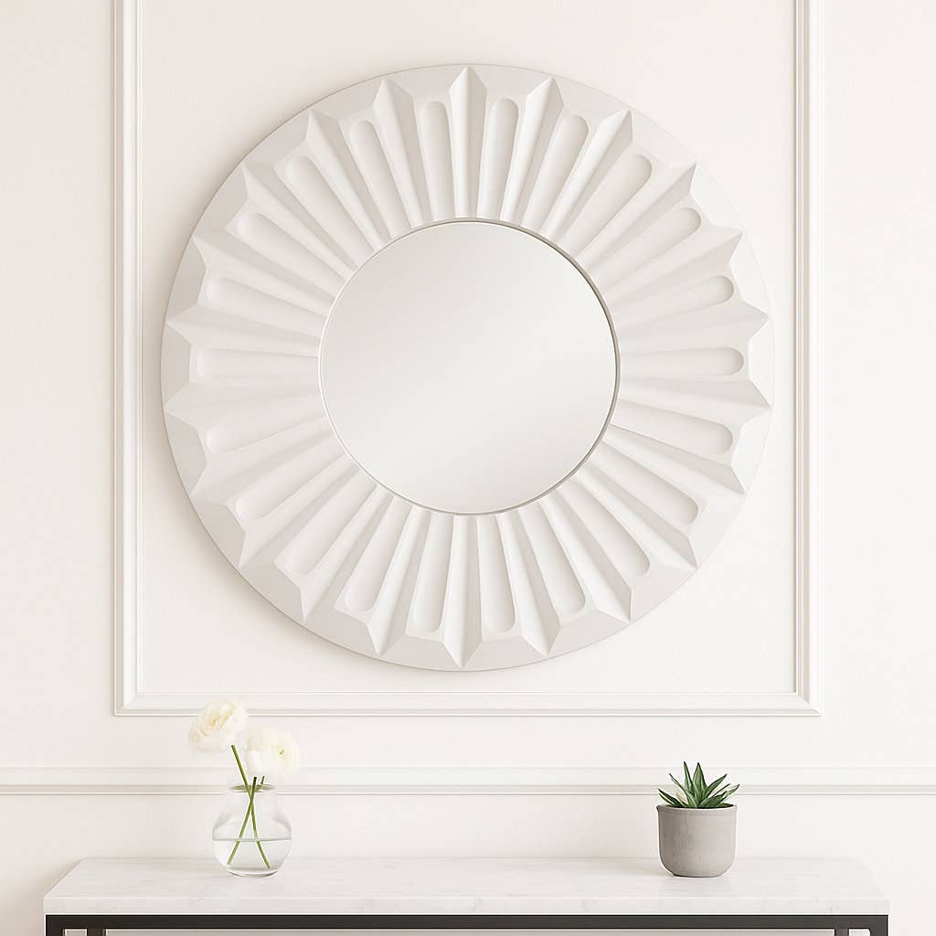Wall Mirror - Ivory Wood Round Sculptured Carved, 36 in.