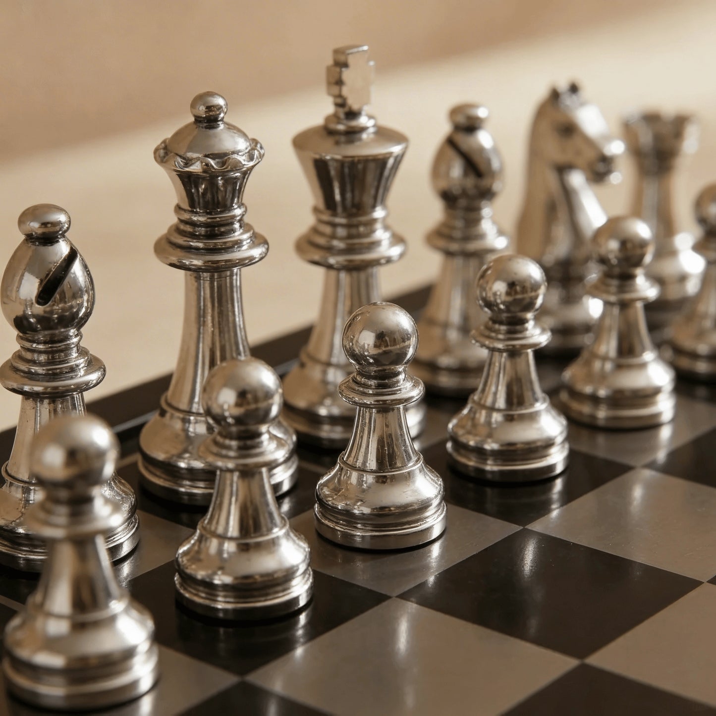 English Opening Metallic Chess Set – Black &amp; Silver Luxury Chess Board