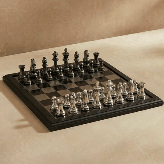 English Opening Metallic Chess Set – Black & Silver Luxury Chess Board