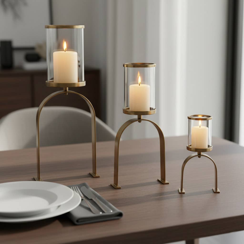 Candle Holders Set of 3 - Gold Metal Pillar, 10/16/22 in.