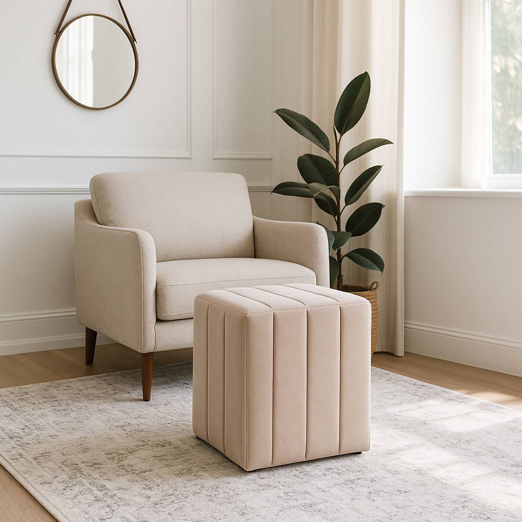 Ottoman Stool - Tan Suede Square Upholstered, 19 in.
