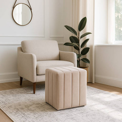 Ottoman Stool - Tan Suede Square Upholstered, 19 in.
