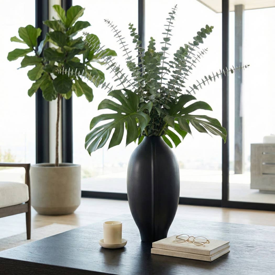 Decorative Vase - Black Ceramic Wavy Textured Design, 18 in.