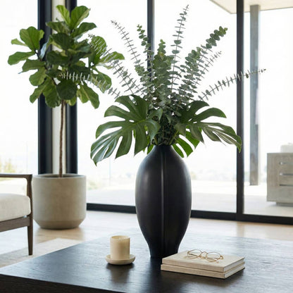 Decorative Vase - Black Ceramic Wavy Textured Design, 18 in.