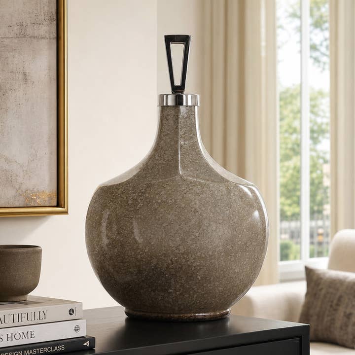 Decorative Jar - White/Gold Glass Round Large Bottle, 20 in.