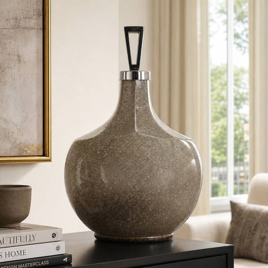 Decorative Jar - White/Gold Glass Round Large Bottle, 20 in.