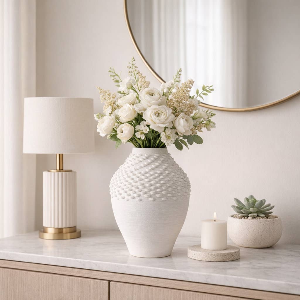 Decorative Vase - White Porcelain Oversized Textured, 13 in.