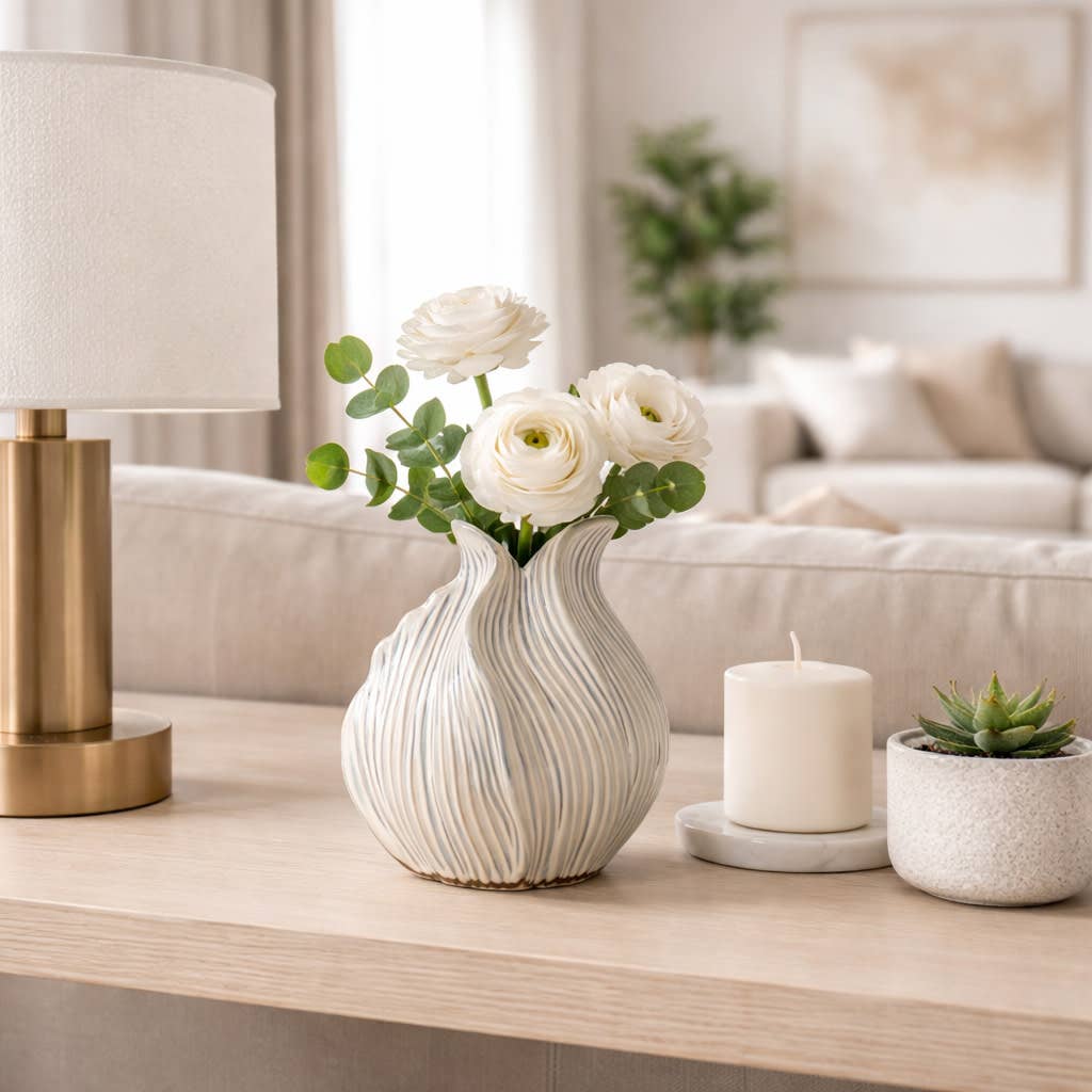 Decorative Vase - Beige Ceramic Sculptural Hollow, 8 in.