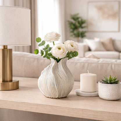 Decorative Vase - Beige Ceramic Sculptural Hollow, 8 in.