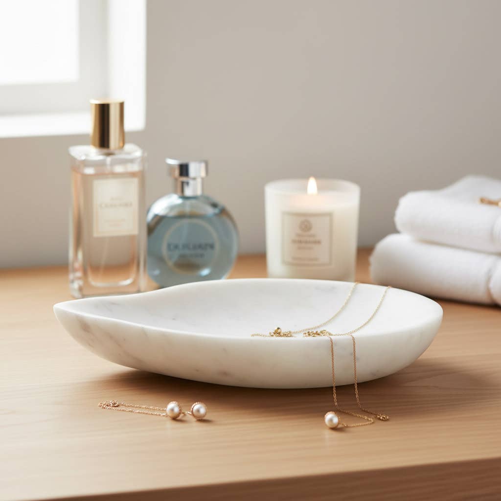 Decorative Bowl - White Marble Carved Teardrop Shape, 10 in.