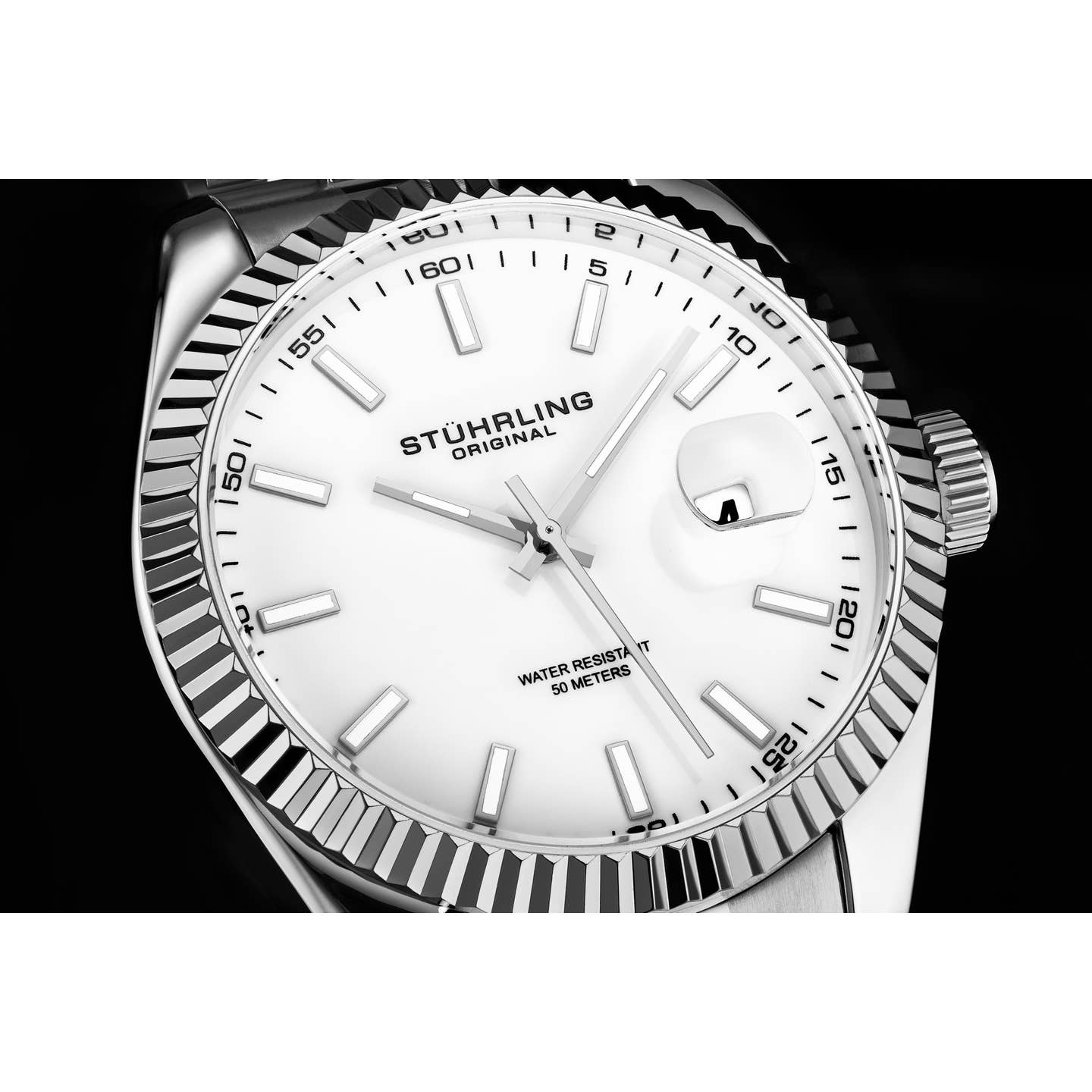 Stuhrling Original Lineage Men's Quartz Classic Watch, White Dial, Silver Bezel, Silver Bracelet