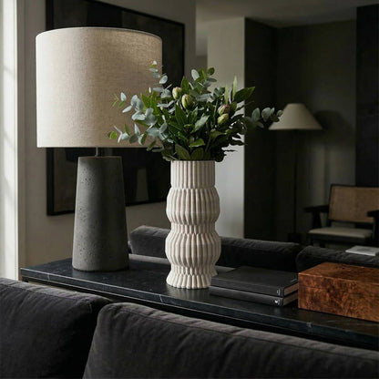 Decorative Vase - White Ceramic Ridged Textured Form, 11 in.