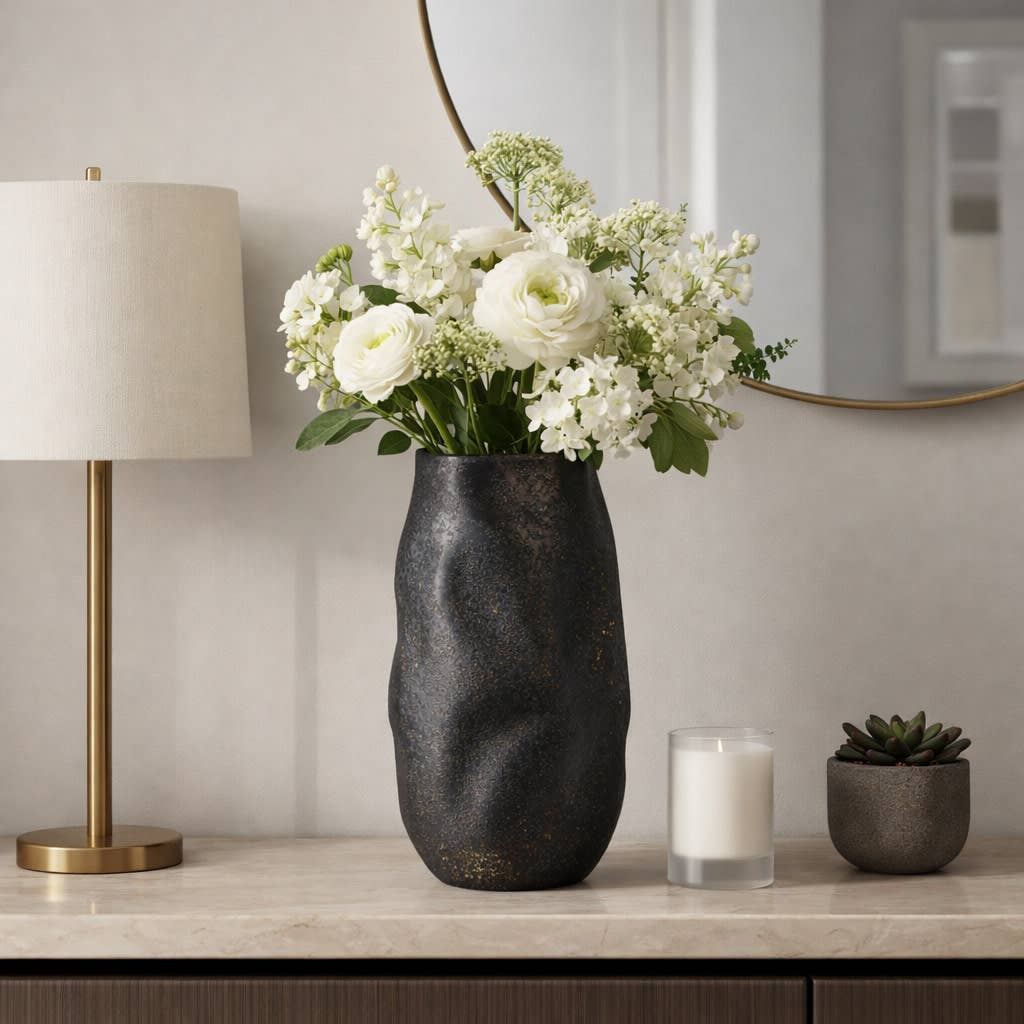 Decorative Vase - Black Ceramic Organic Sculpted, 14 in.