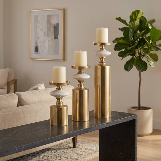 Candle Holder Set of 3 - Gold and White Marble, 9/12/16 in.