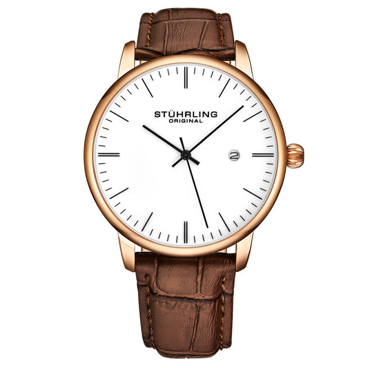 Stuhrling Original Rasa 3997 Men's Quartz Classic Watch, 40mm, White Dial, Brown Leather Strap