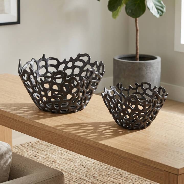 Bowl Set of 2 - Black Ceramic Openwork Round, 10/13 in.