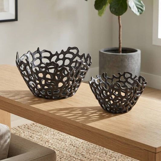 Bowl Set of 2 - Black Ceramic Openwork Round, 10/13 in.