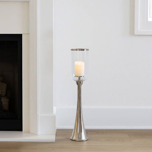 Candle Holder – Silver Metal Glass Hurricane Design, 34 Inch