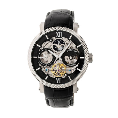 Heritor Aries Men's Automatic Skeleton Leather Watch, Silver/Black