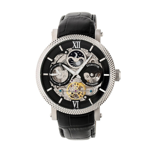 Heritor Aries Men's Automatic Skeleton Leather Watch, Silver/Black